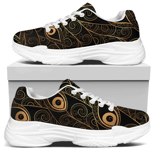 Black And Gold Peacock Feather Print White Chunky Shoes