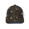 Black And Gold Peacock Feather Print White Mesh Trucker Hat