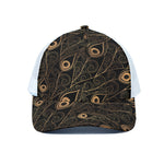 Black And Gold Peacock Feather Print White Mesh Trucker Cap