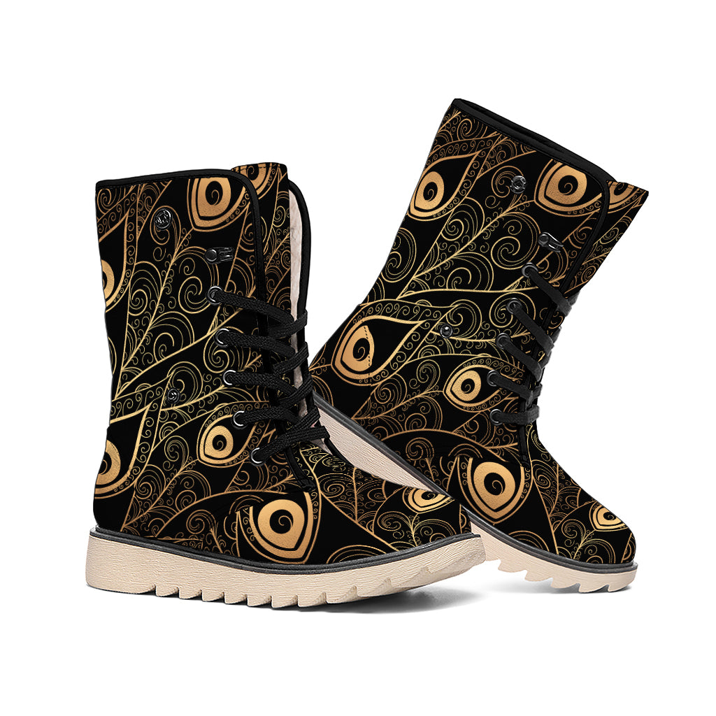 Black And Gold Peacock Feather Print Winter Boots