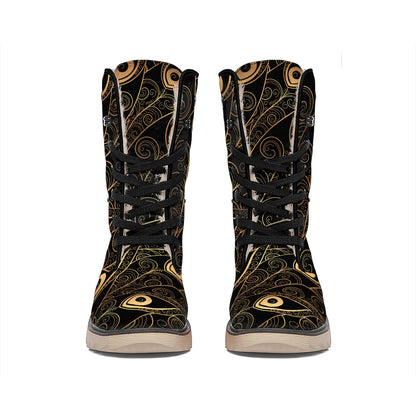 Black And Gold Peacock Feather Print Winter Boots
