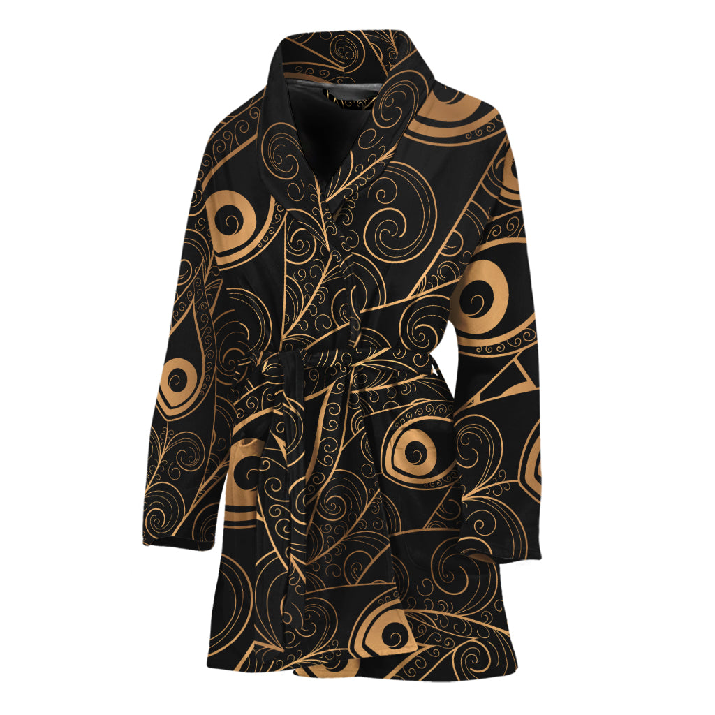 Black And Gold Peacock Feather Print Women's Bathrobe