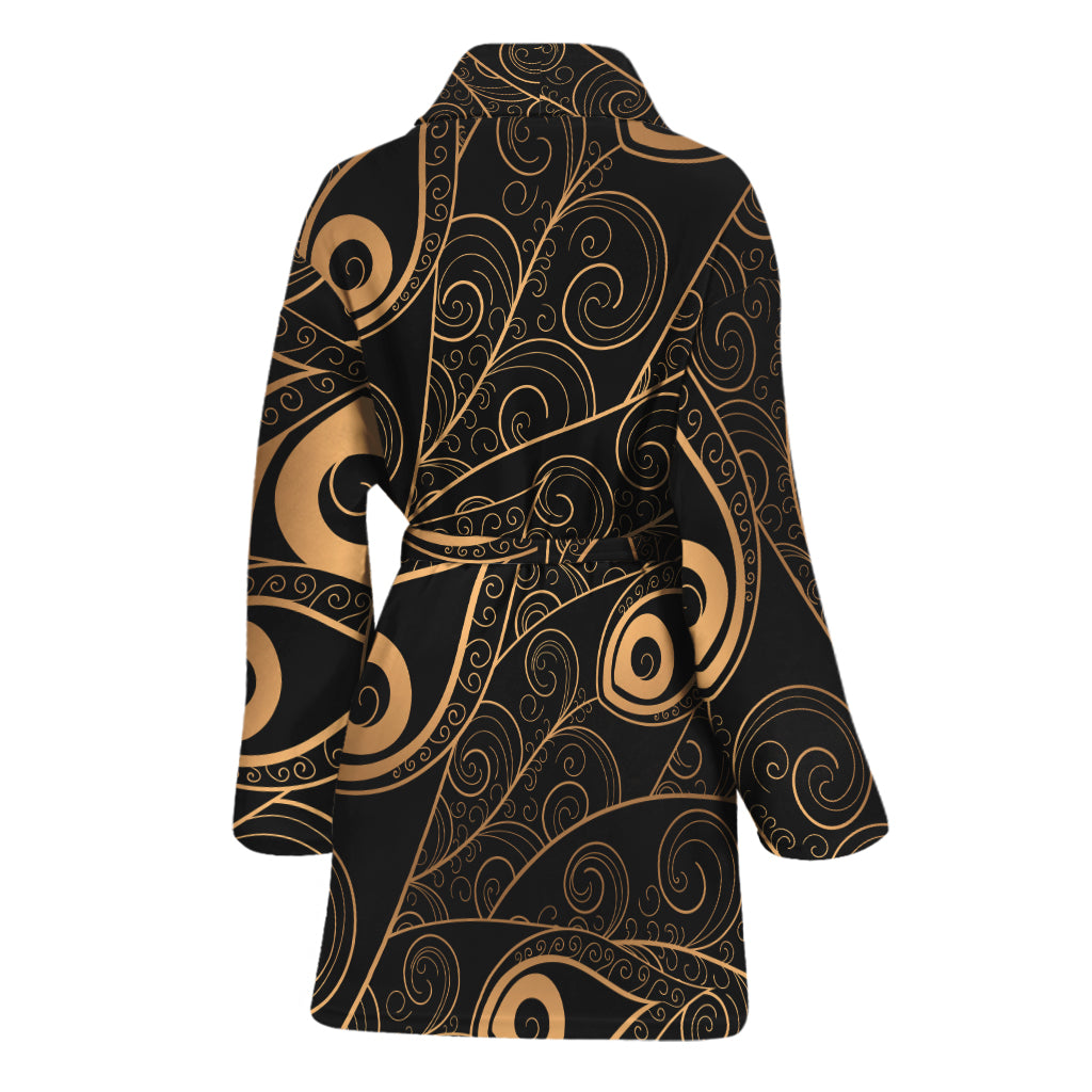 Black And Gold Peacock Feather Print Women's Bathrobe