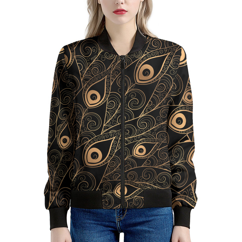 Black And Gold Peacock Feather Print Women's Bomber Jacket