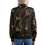 Black And Gold Peacock Feather Print Women's Bomber Jacket