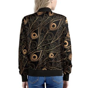 Black And Gold Peacock Feather Print Women's Bomber Jacket