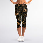 Black And Gold Peacock Feather Print Women's Capri Leggings