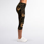 Black And Gold Peacock Feather Print Women's Capri Leggings