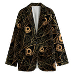 Black And Gold Peacock Feather Print Women's Cotton Blazer