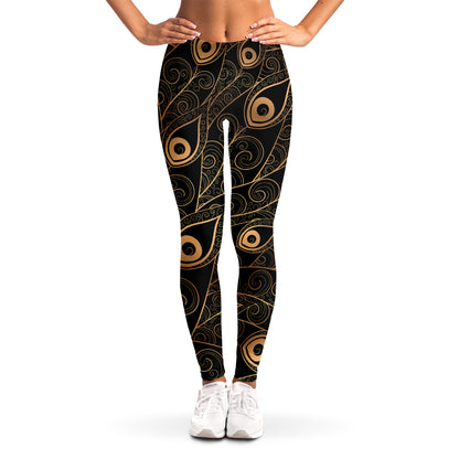 Black And Gold Peacock Feather Print Women's Leggings