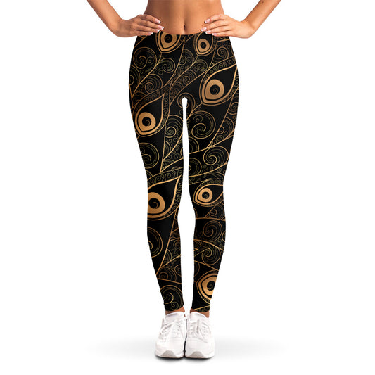 Black And Gold Peacock Feather Print Women's Leggings