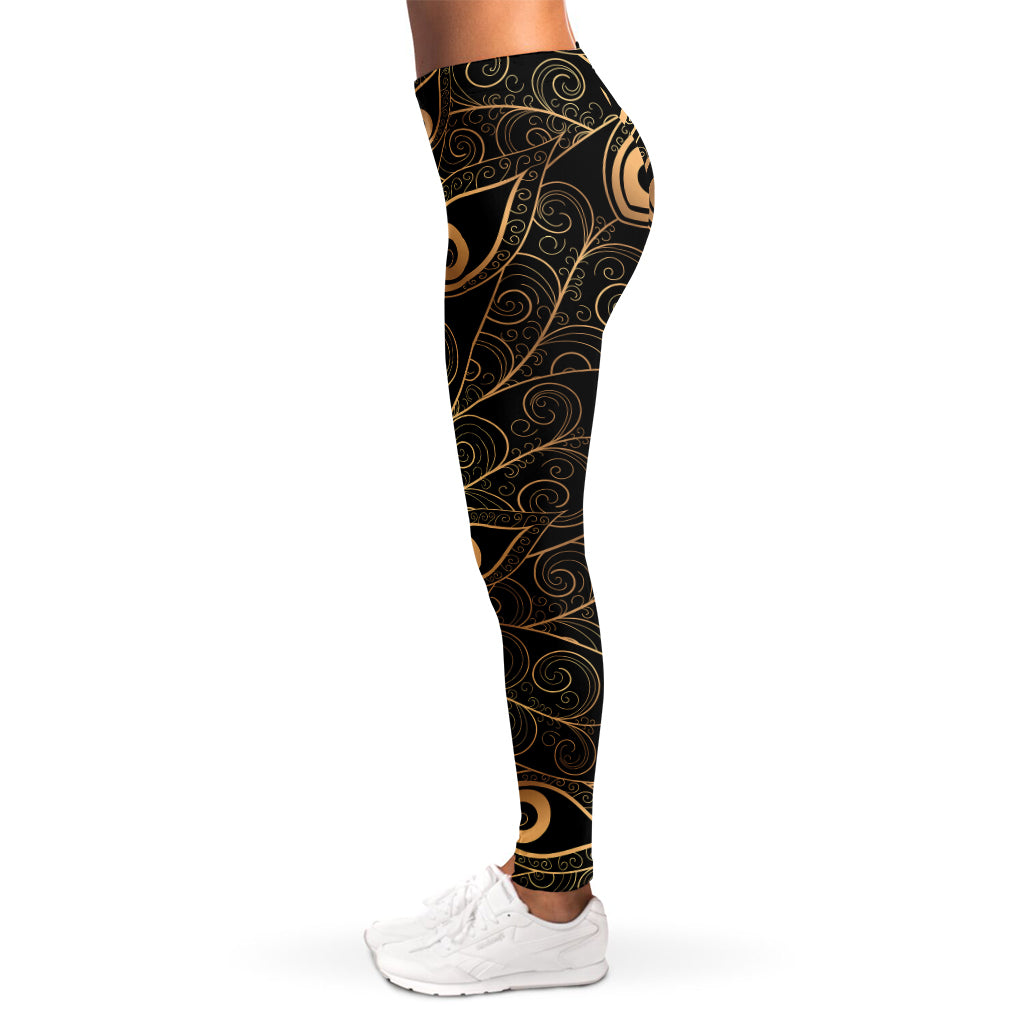 Black And Gold Peacock Feather Print Women's Leggings