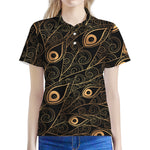 Black And Gold Peacock Feather Print Women's Polo Shirt