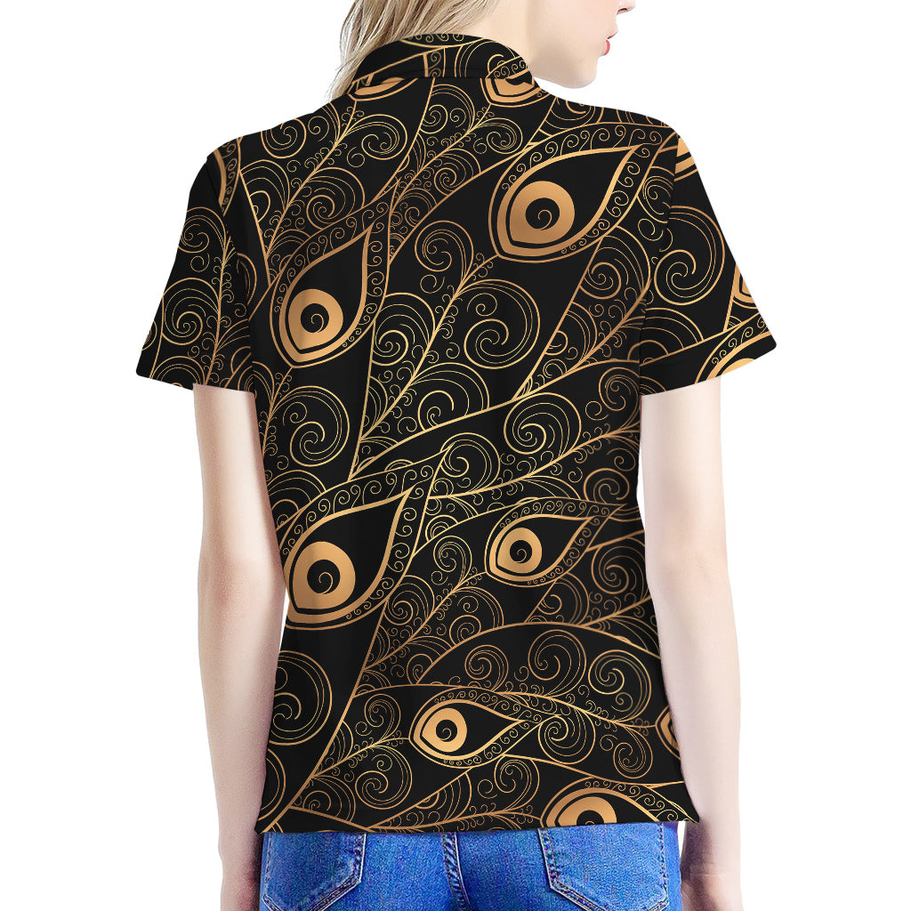 Black And Gold Peacock Feather Print Women's Polo Shirt