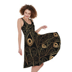 Black And Gold Peacock Feather Print Women's Sleeveless Dress