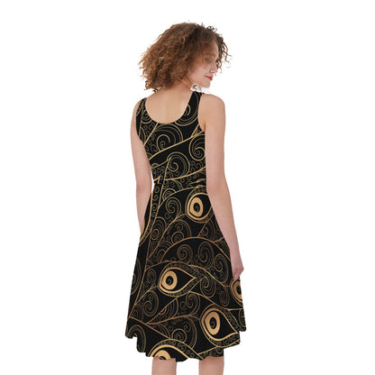 Black And Gold Peacock Feather Print Women's Sleeveless Dress