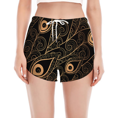 Black And Gold Peacock Feather Print Women's Split Running Shorts