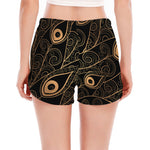 Black And Gold Peacock Feather Print Women's Split Running Shorts