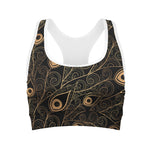 Black And Gold Peacock Feather Print Women's Sports Bra