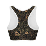 Black And Gold Peacock Feather Print Women's Sports Bra
