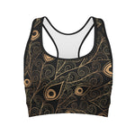 Black And Gold Peacock Feather Print Women's Sports Bra