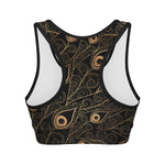 Black And Gold Peacock Feather Print Women's Sports Bra