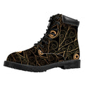 Black And Gold Peacock Feather Print Padded Collar Lace Up Boots