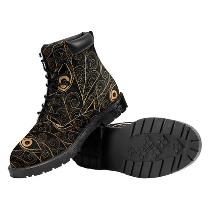 Black And Gold Peacock Feather Print Work Boots