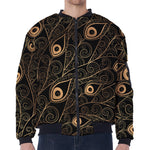 Black And Gold Peacock Feather Print Zip Sleeve Bomber Jacket