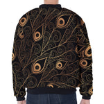 Black And Gold Peacock Feather Print Zip Sleeve Bomber Jacket
