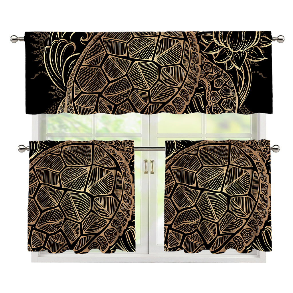 Black And Gold Sea Turtle Print 3 Piece Kitchen Curtains