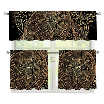 Black And Gold Sea Turtle Print 3 Piece Kitchen Curtains