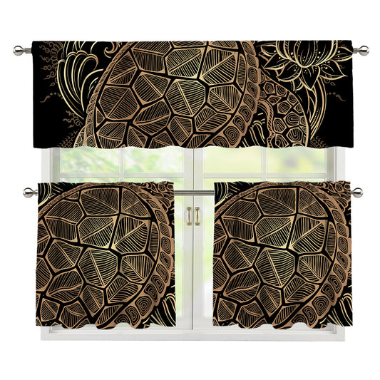 Black And Gold Sea Turtle Print 3 Piece Kitchen Curtains