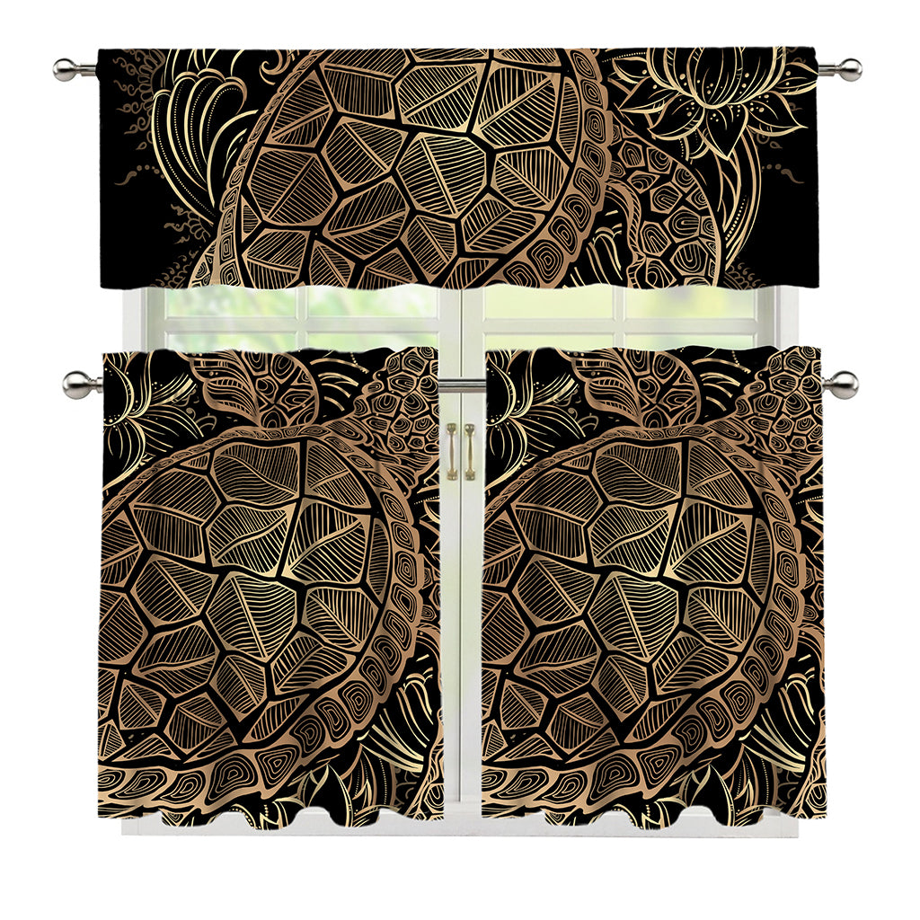 Black And Gold Sea Turtle Print 3 Piece Kitchen Curtains
