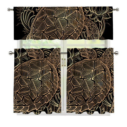 Black And Gold Sea Turtle Print 3 Piece Kitchen Curtains