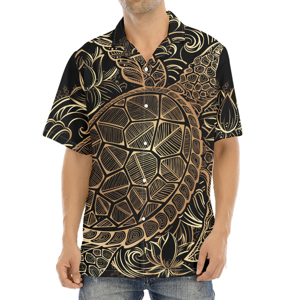 Black And Gold Sea Turtle Print Aloha Shirt