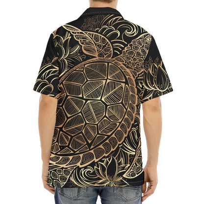 Black And Gold Sea Turtle Print Aloha Shirt
