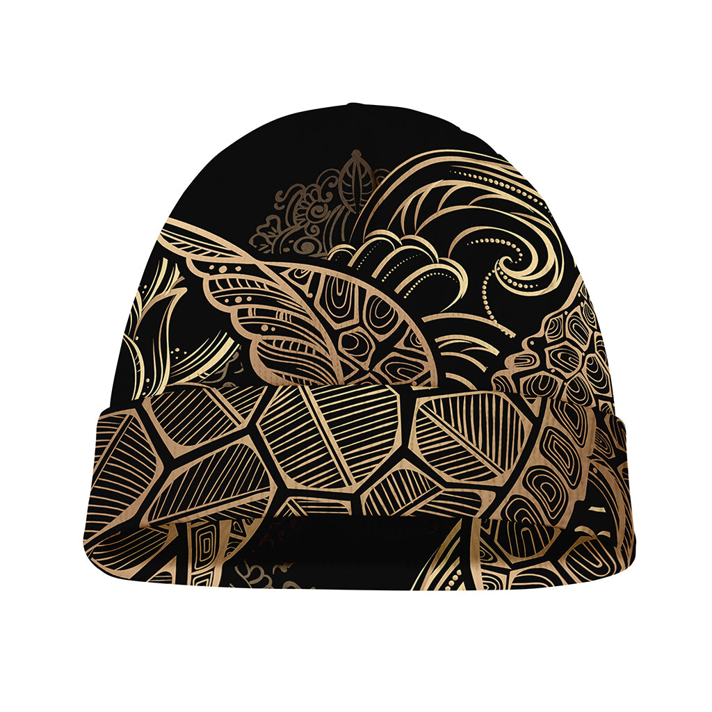 Black And Gold Sea Turtle Print Beanie