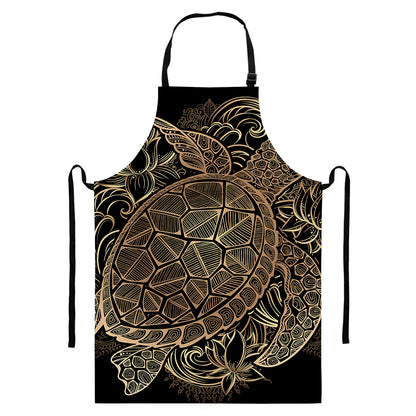 Black And Gold Sea Turtle Print Bib Apron With Pocket