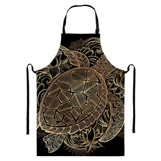 Black And Gold Sea Turtle Print Bib Apron With Pocket
