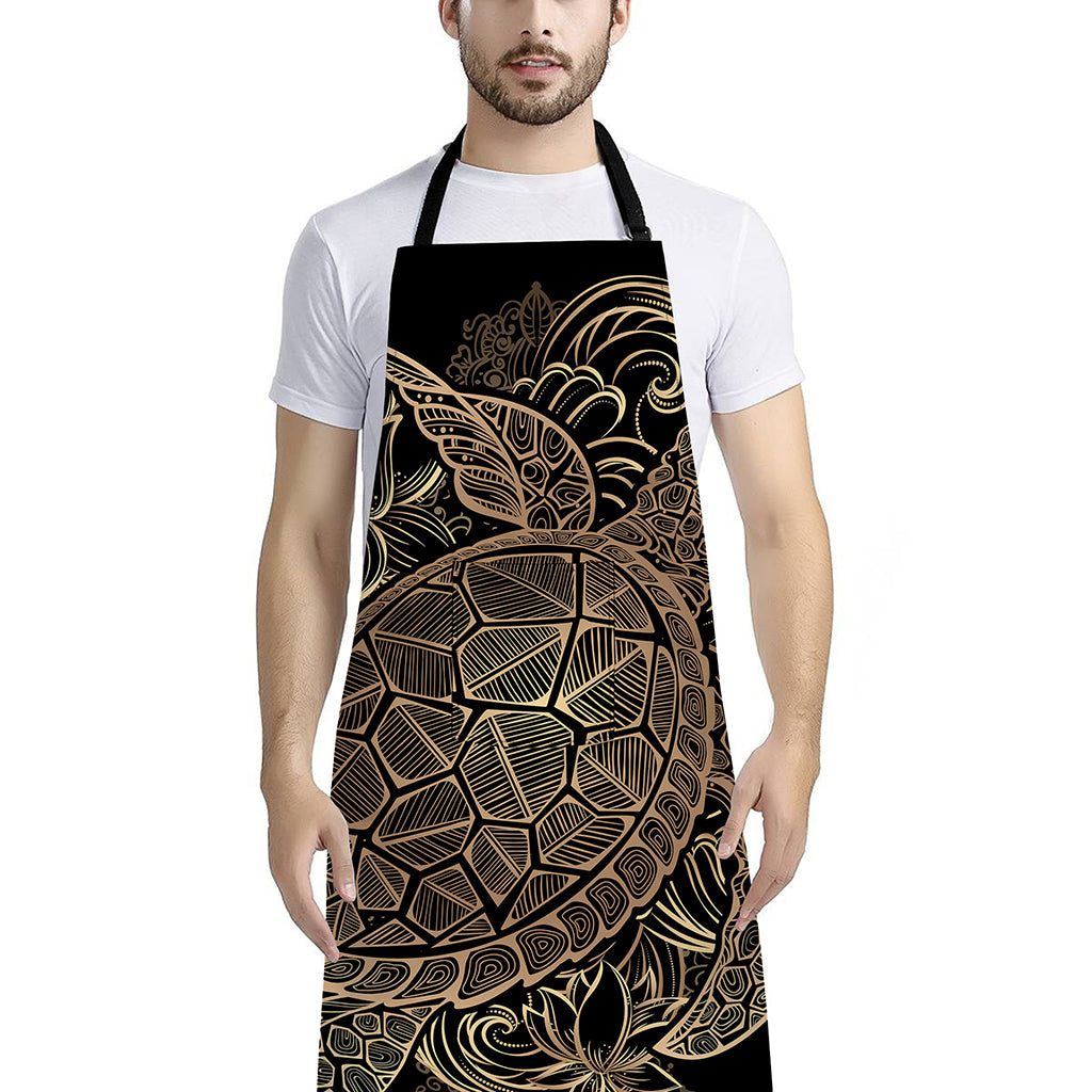 Black And Gold Sea Turtle Print Bib Apron With Pocket
