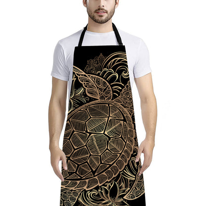 Black And Gold Sea Turtle Print Bib Apron With Pocket