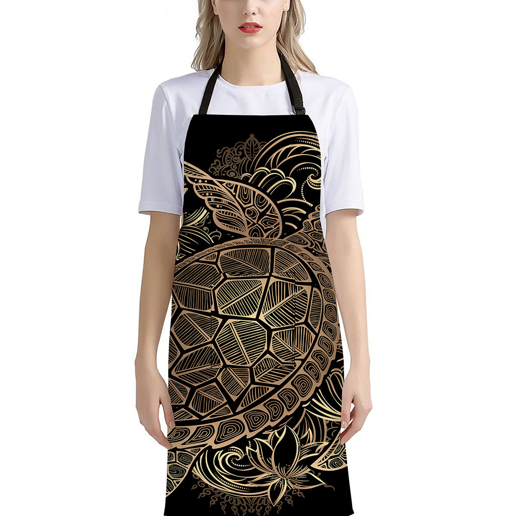 Black And Gold Sea Turtle Print Bib Apron With Pocket
