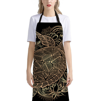 Black And Gold Sea Turtle Print Bib Apron With Pocket