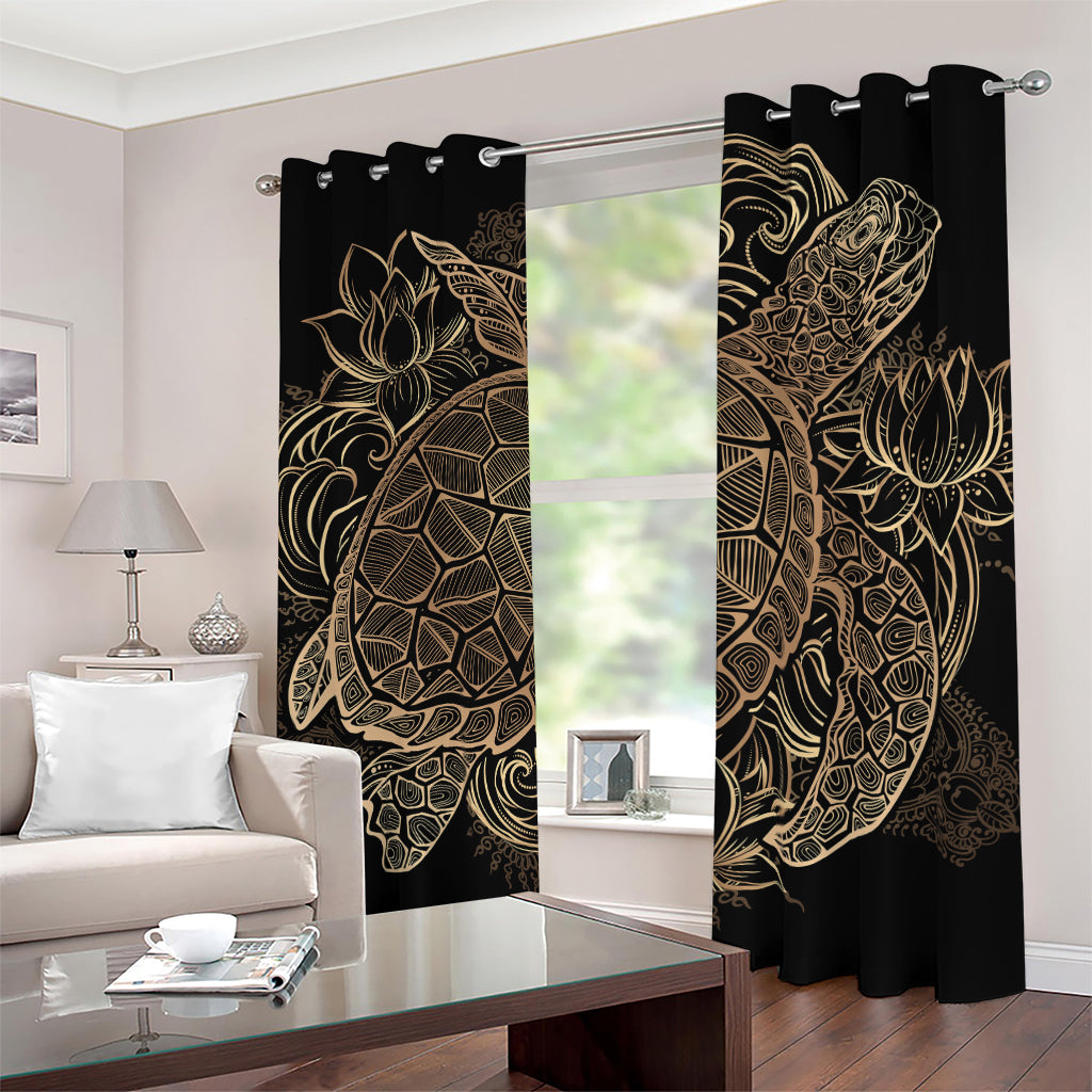 Black And Gold Sea Turtle Print Blackout Grommet Curtains