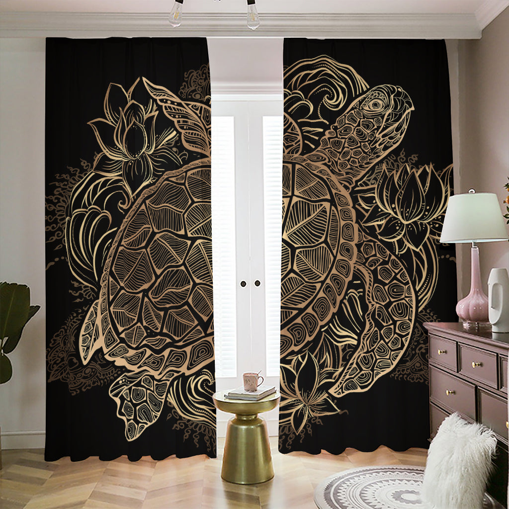 Black And Gold Sea Turtle Print Blackout Pencil Pleat Curtains