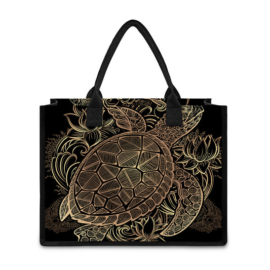 Black And Gold Sea Turtle Print Canvas Tote Bag