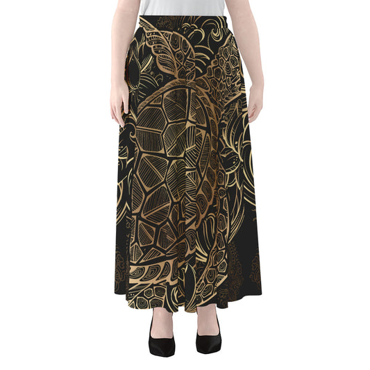 Black And Gold Sea Turtle Print Chiffon Maxi Skirt