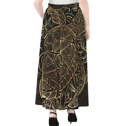 Black And Gold Sea Turtle Print Chiffon Maxi Skirt