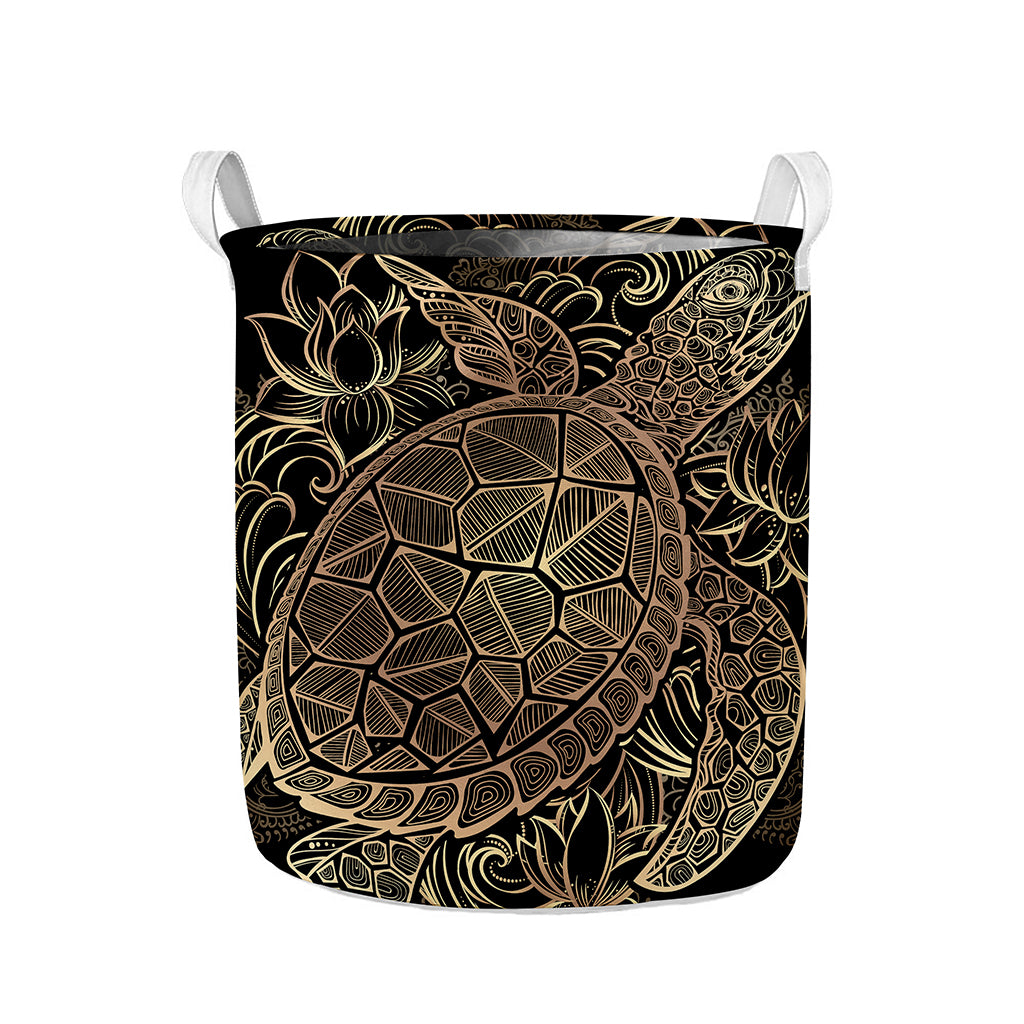 Black And Gold Sea Turtle Print Collapsible Laundry Basket
